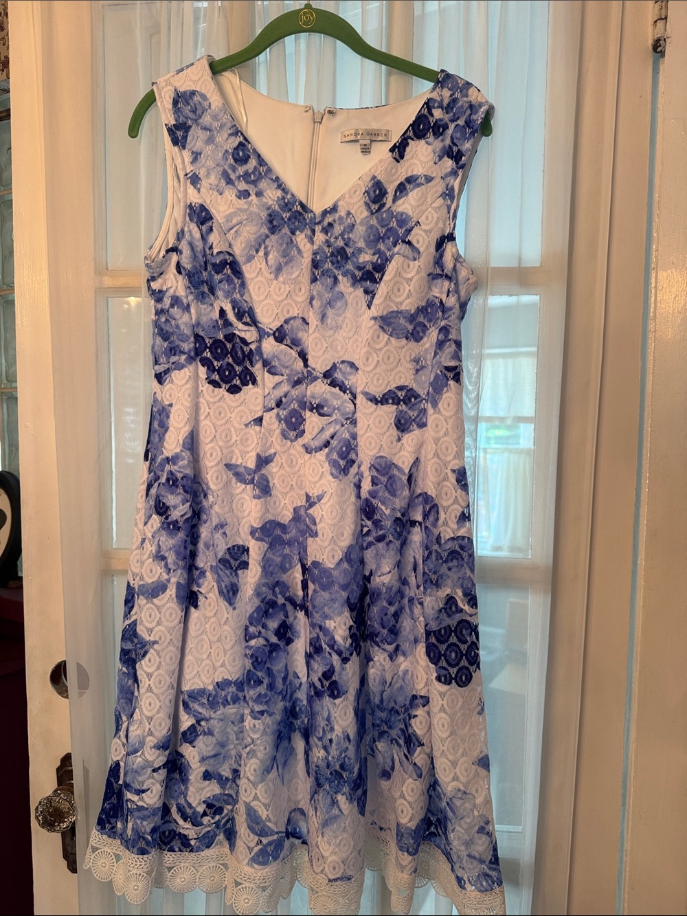 Sandra Darren White and Blue V-Neck Floral Eyelet A-Line Dress